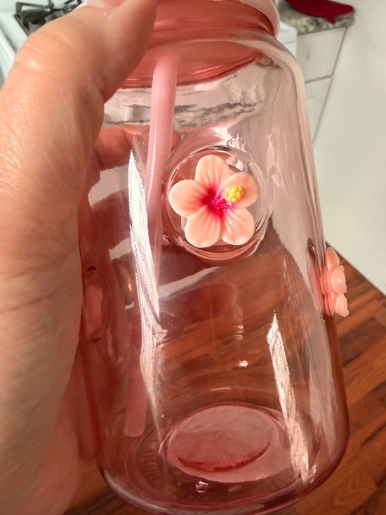 Pink Glass mason style tumbler with Lid and Straw - Picture 4 of 7